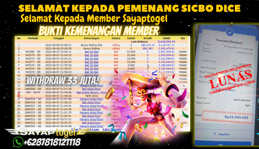 Bukti JP Live Casino Sayaptogel - Sicbo Dice